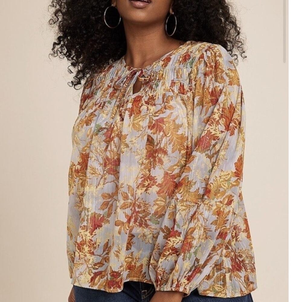 Maurices Floral Peasant Top Womens Sz 1X Light Blue Rust Billowy Sleeves Blouse